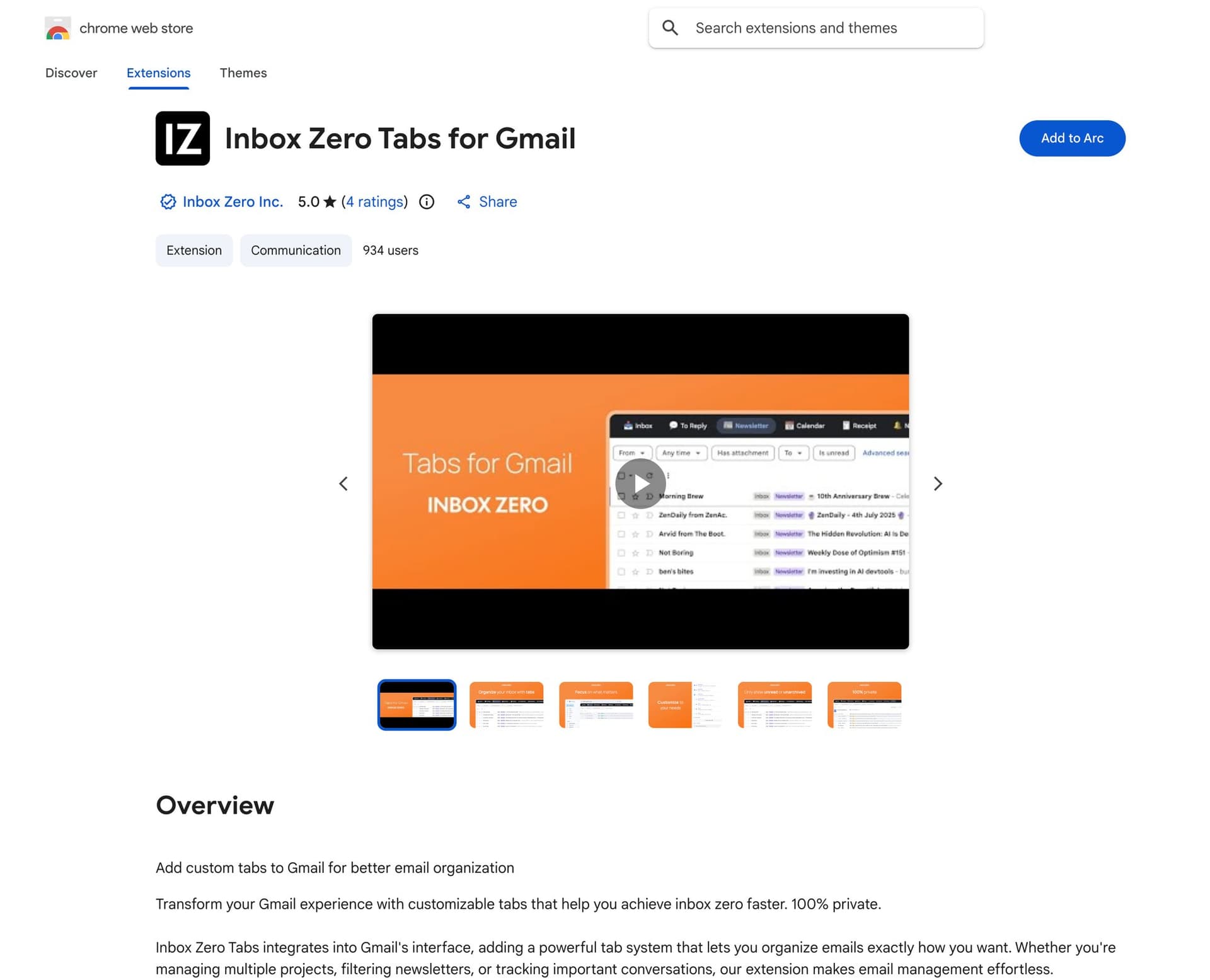 Screenshot of Chrome Web Store page for 'Inbox Zero Tabs for Gmail' extension, showing features and overview.