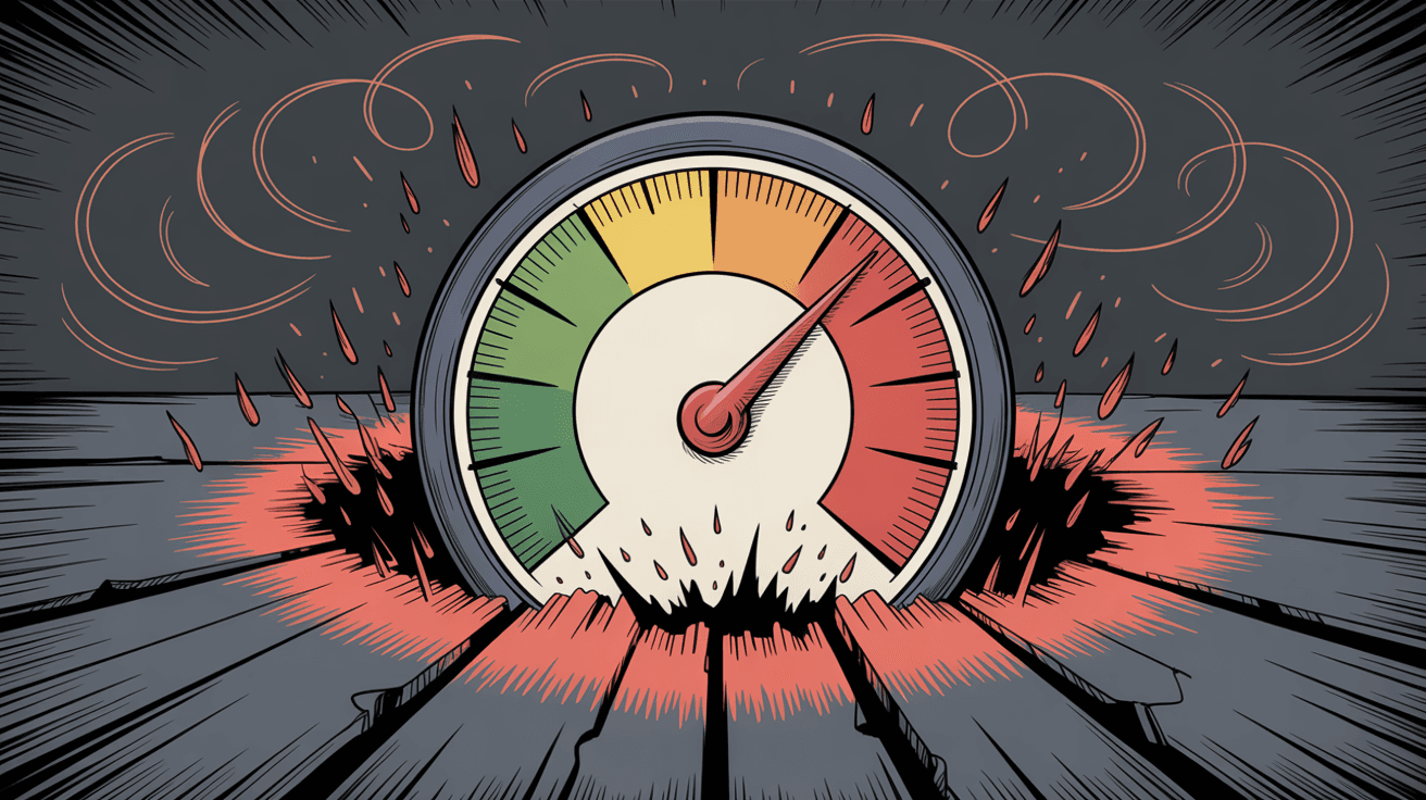 Reputation gauge in the red danger zone with warning effects, illustrating how spam complaints severely damage email sender reputation